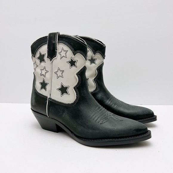 Zara Womens Black White Leather Stars Western Cowboy Boots EU 39 US 8 NEW - Picture 4 of 9